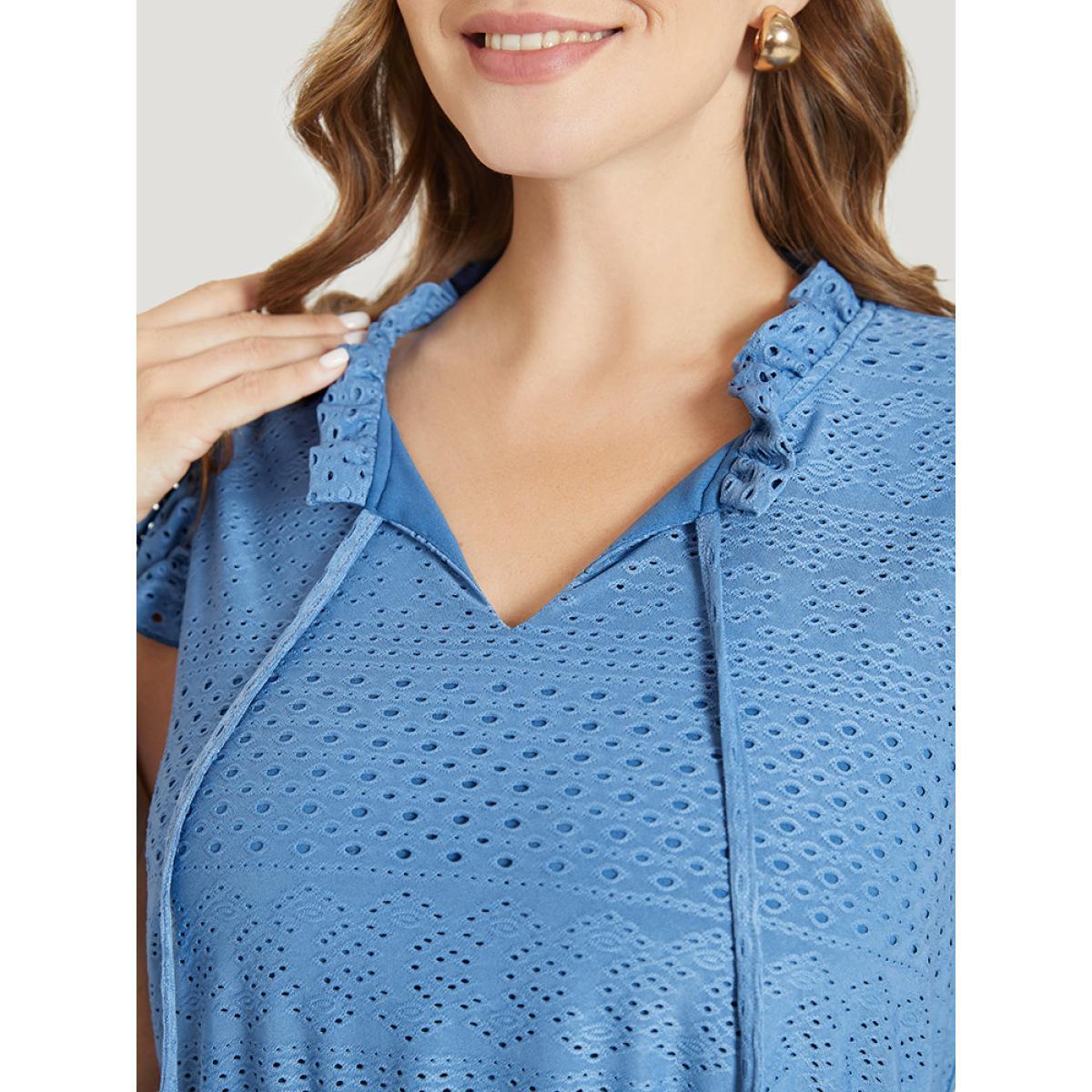 Plus Size Plain Pocket Ruffle Tie Neck Cap Sleeve Broderie Anglaise Dress Blue Women Elegant Lined Tie Neck Cap Sleeve Curvy Midi Dress BloomChic 26/4X Product Image