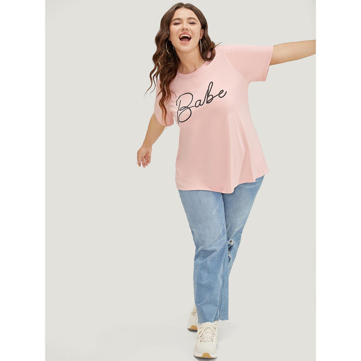 Plus Size Letter Print Slightly Stretchy Short Sleeve T-shirt MistyRose Women Casual Graphic Dailywear T-shirts BloomChic 10/M Product Image