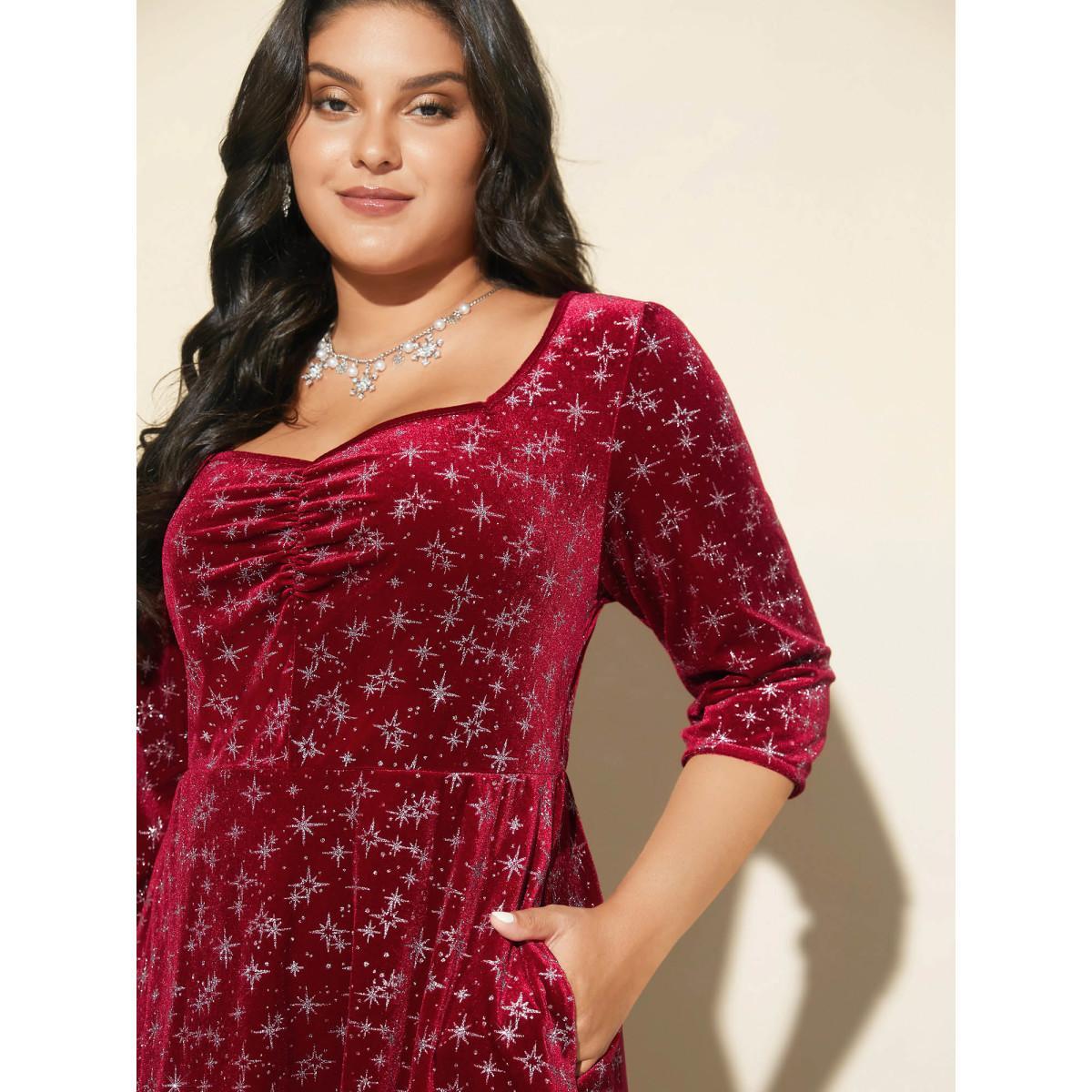 Plus Size Embossed Velvet Sweetheart Neckline Midi Dress Burgundy Women Cocktail Texture Heart neckline Elbow-length sleeve Curvy BloomChic 18-20/2X Product Image