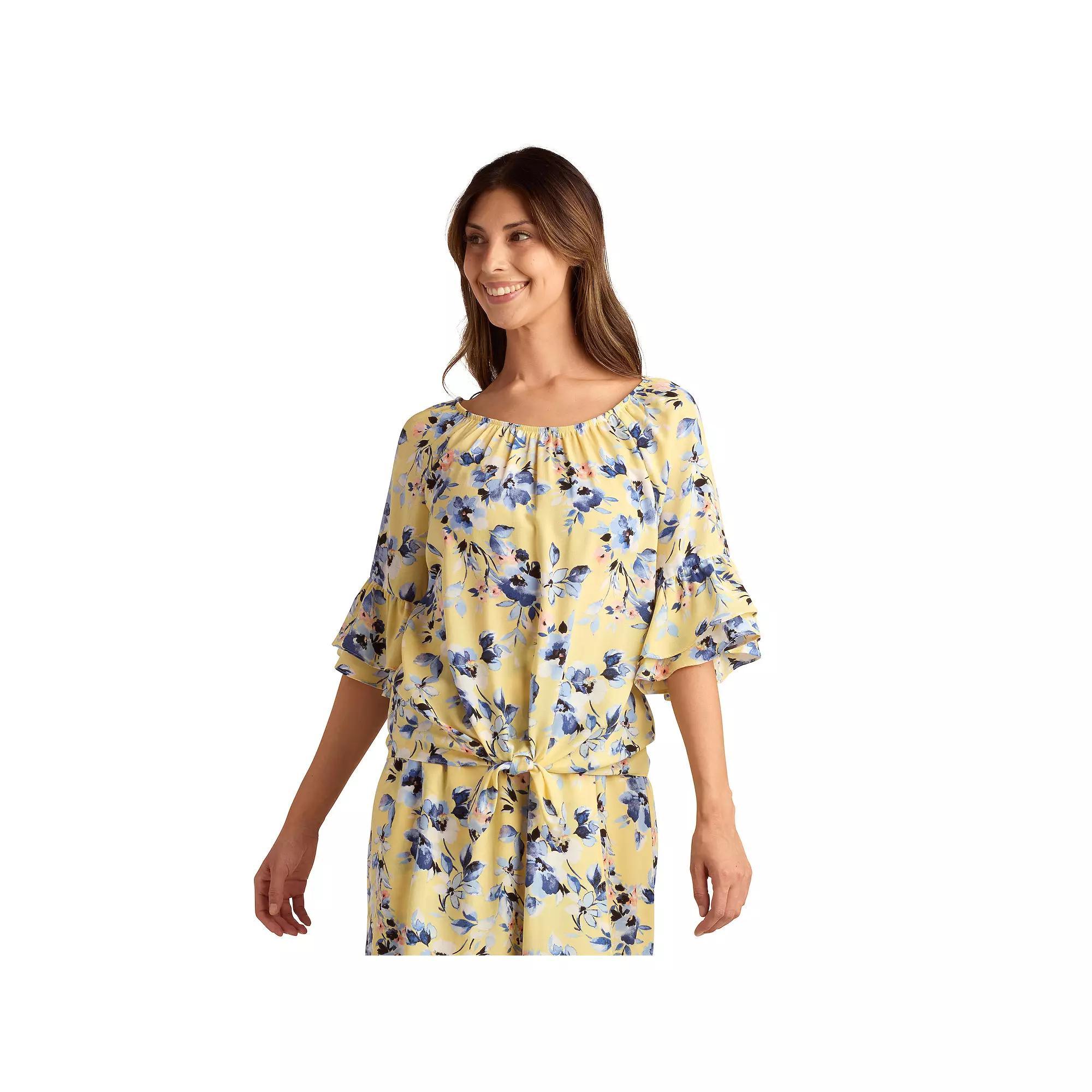 Women's AB Studio Flounce Sleeve Tie Hem Peasant Top, Size: Small, Yellow Spaced Floral Product Image
