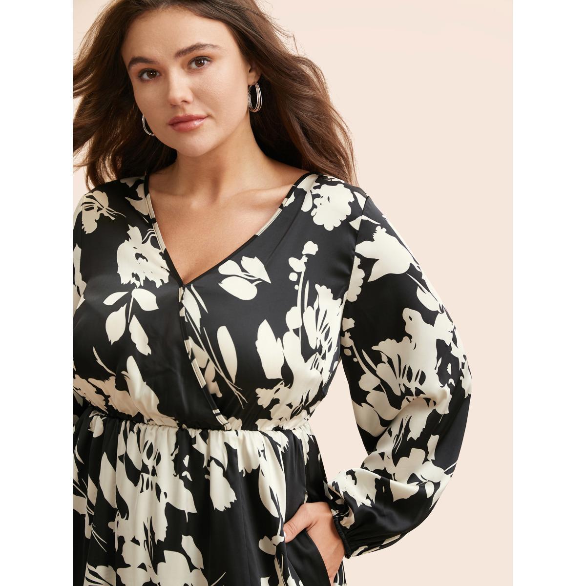 Plus Size Overlap Collar Silhouette Floral Print Gathered Dress Black Women Elegant Slit Overlap Collar Long Sleeve Curvy BloomChic 14-16/1X Product Image