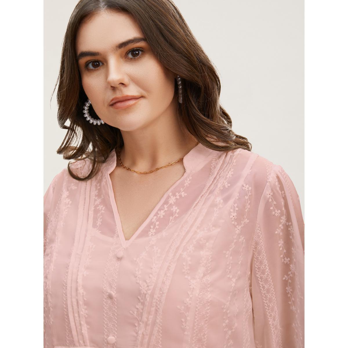 Plus Size Lightpink Texture Mesh Button Detail Tucked Seam Blouse Women Elegant Elbow-length sleeve V-neck Everyday Blouses BloomChic 26/4X Product Image