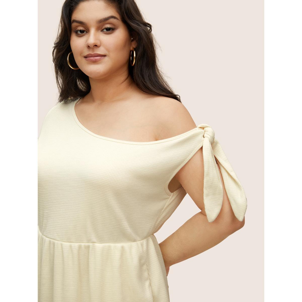 Plus Size Asymmetrical Neck Waffle Knit Tie Knot Dress Ivory Women Casual Tie knot Asymmetrical Neck Cap Sleeve Curvy Midi Dress BloomChic 22-24/3X Product Image
