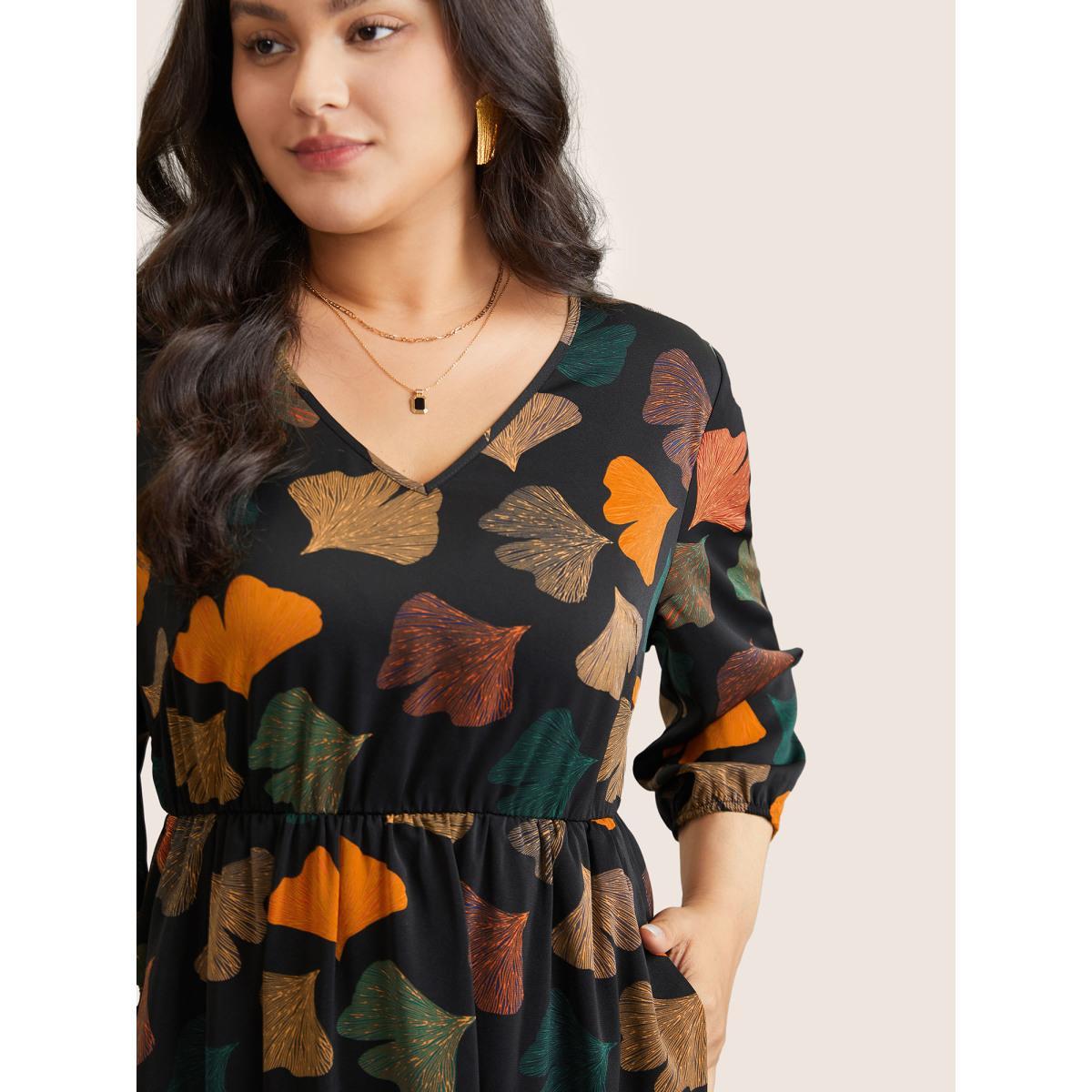 Plus Size Plants Print Elastic Waist Elastic Cuffs Dress Black Women Elegant Elastic cuffs V-neck Elbow-length sleeve Curvy Midi Dress BloomChic 18-20/2X Product Image