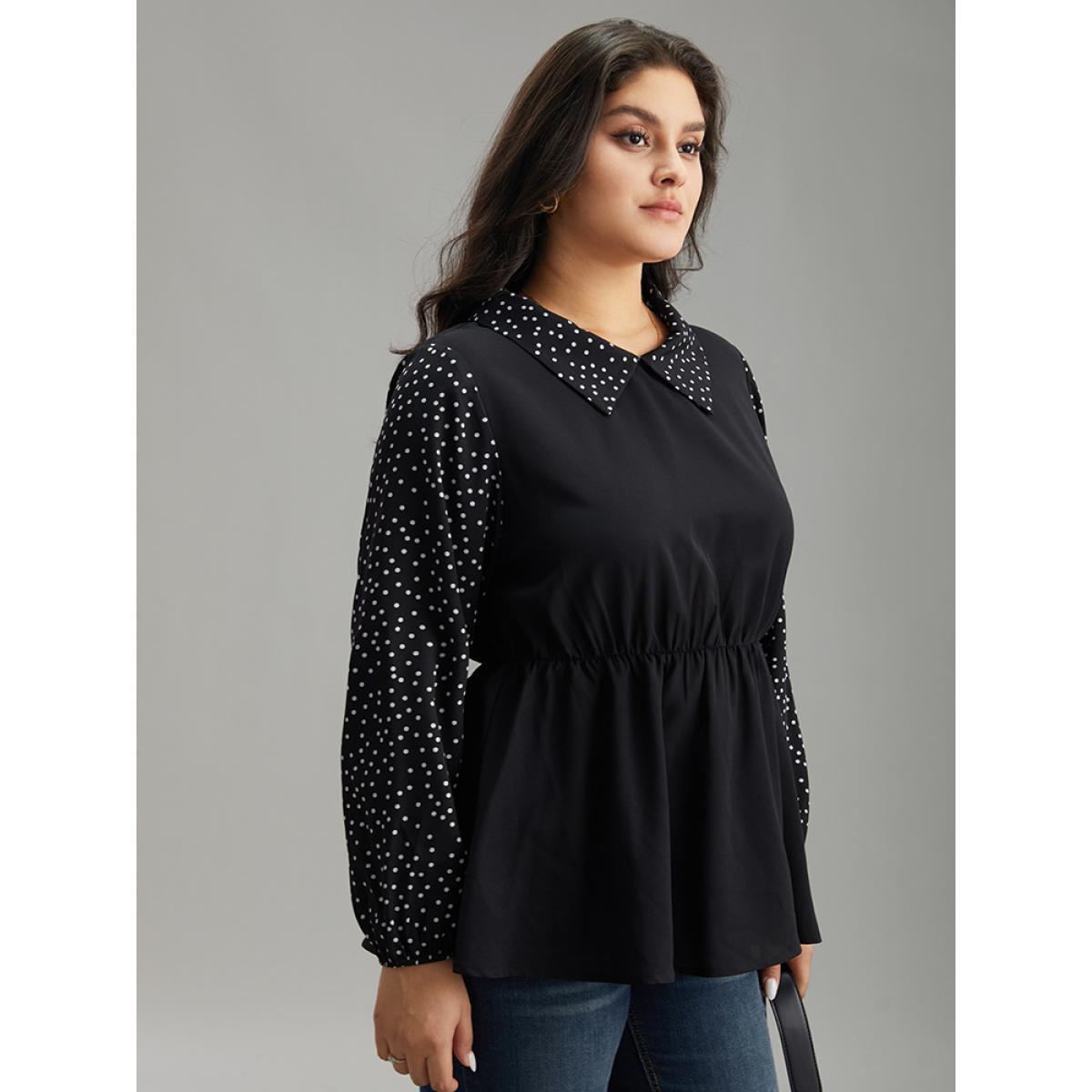 Plus Size Black Polka Dot Patchwork Lapel Collar Elastic Waist Blouse Women At the Office Long Sleeve Lapel Collar Work Blouses BloomChic 14-16/1X Product Image