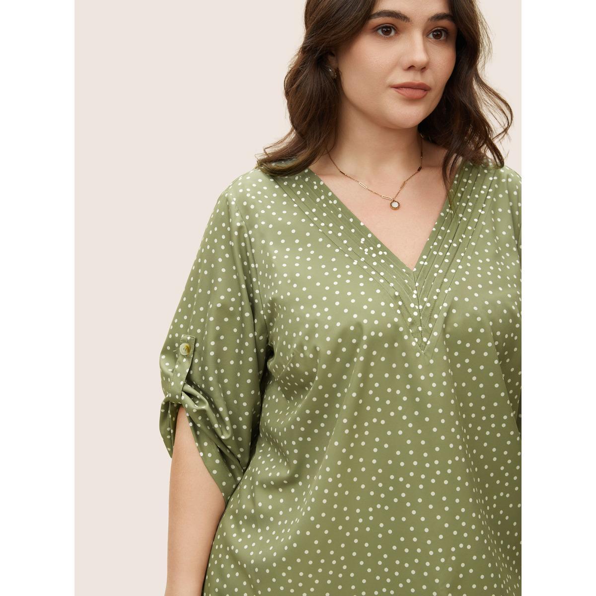 Plus Size Sage Polka Dot Button Cuff Sleeve Pleated Blouse Women At the Office Elbow-length sleeve V-neck Work Blouses BloomChic 30/6X Product Image