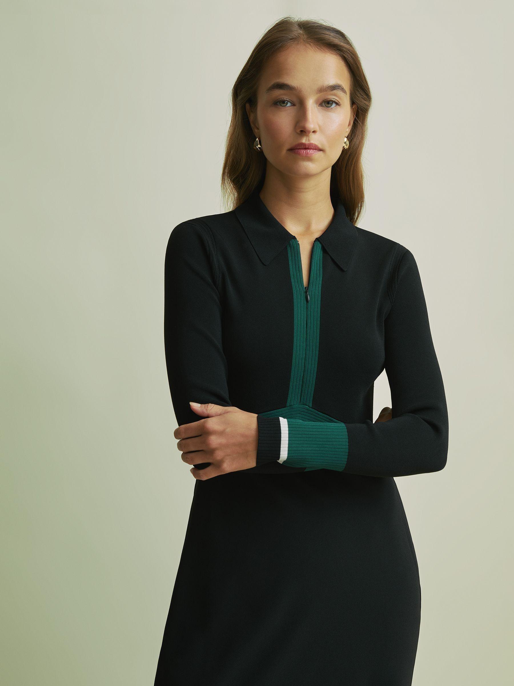 Florere Hybrid Knit Zip-Front Midi Black Dress in Black Product Image