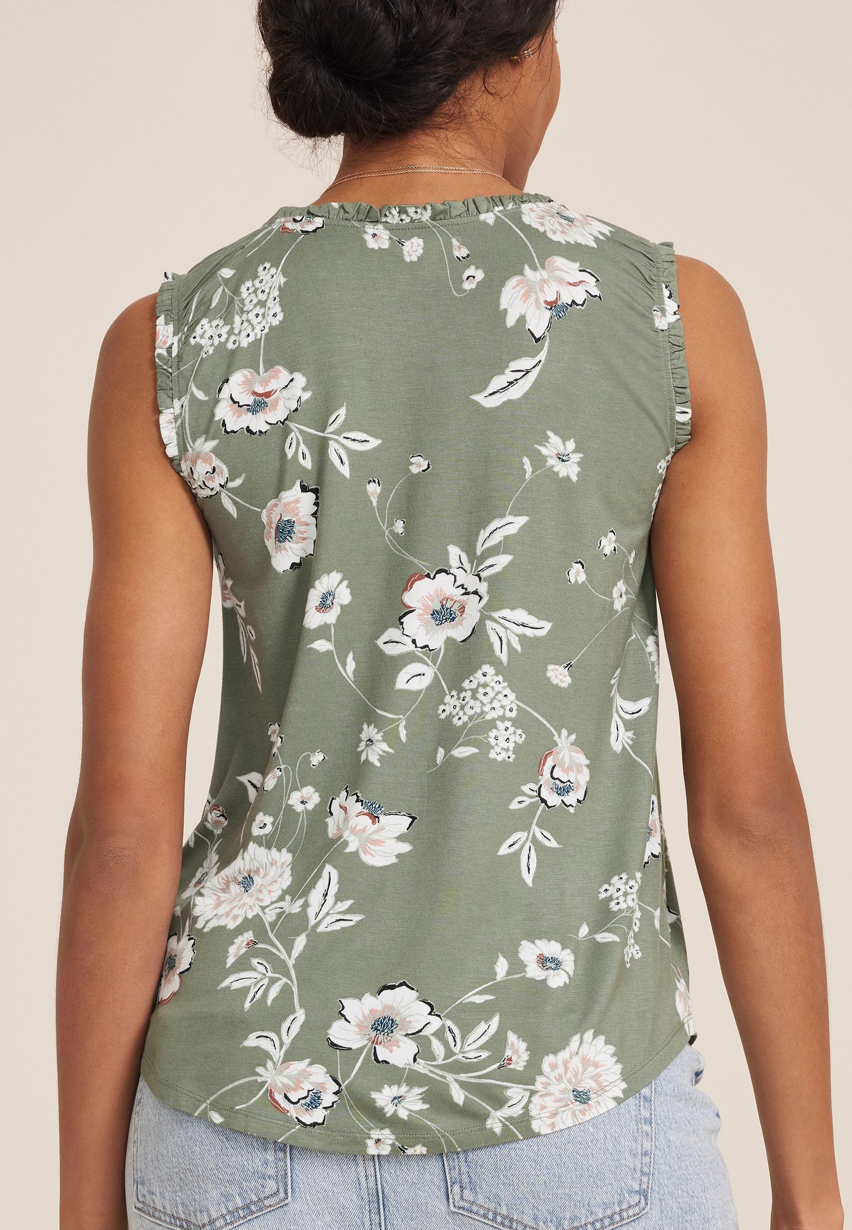 Effortless Ruched Green Floral Tank Top  Product Image