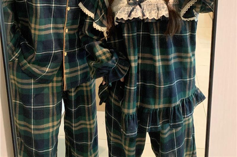 Couple Matching Long Sleeve Collared Plaid Pajama Shirt / V-Neck Bow Ruffle Panel Blouse / Straight Leg Pants / Set (Various Designs) Product Image