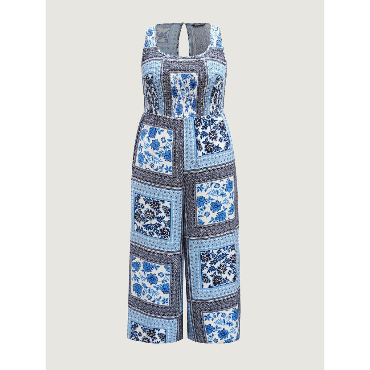 Plus Size DarkBlue Floral Collage Shirred Straight-Leg Jumpsuit Women Sleeveless U-neck Everyday-Casual Loose Jumpsuits BloomChic 14-16/1X Product Image
