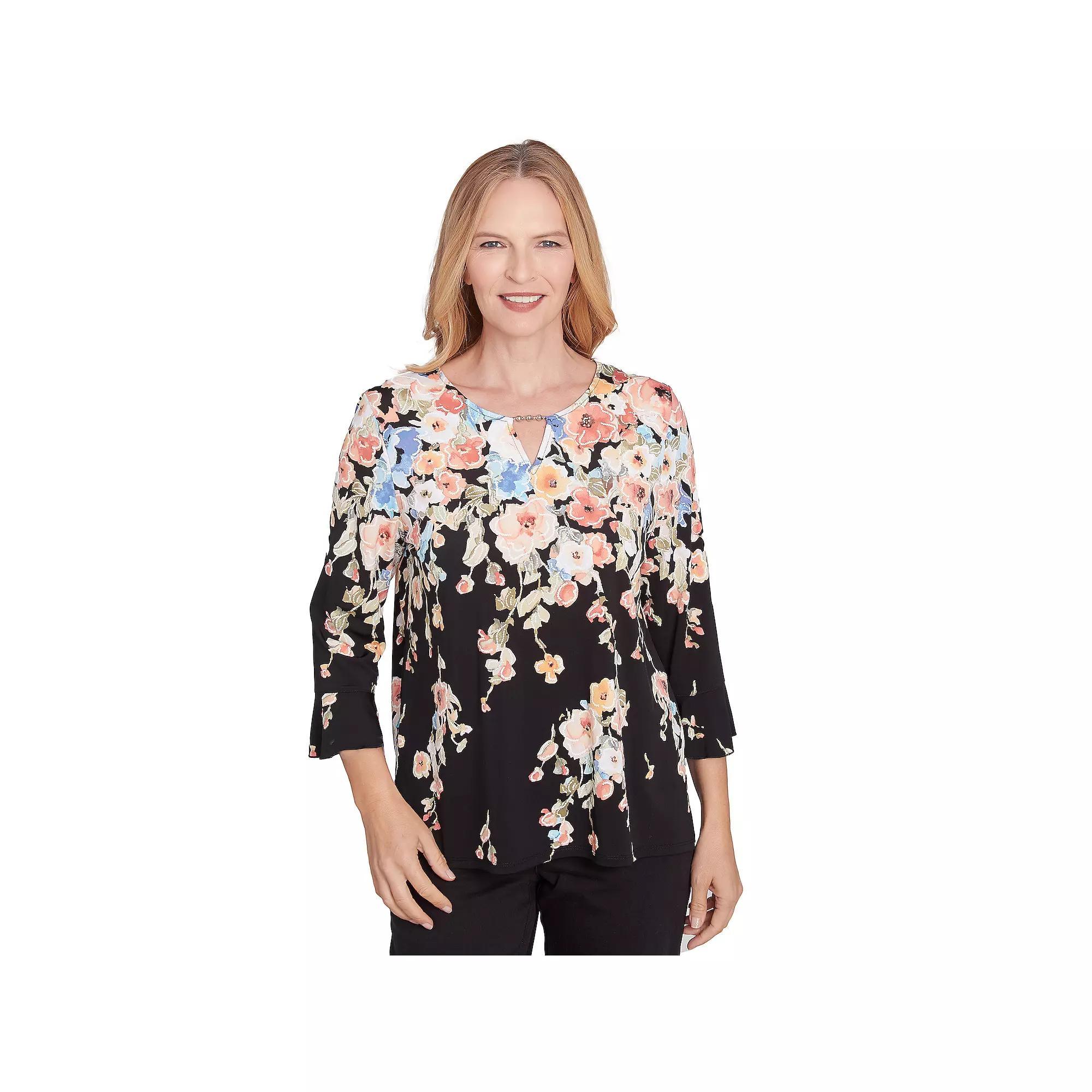 Petite Alfred Dunner Falling Flower Beaded Split Neck Top, Women's, Size: Large Petite, Black Product Image