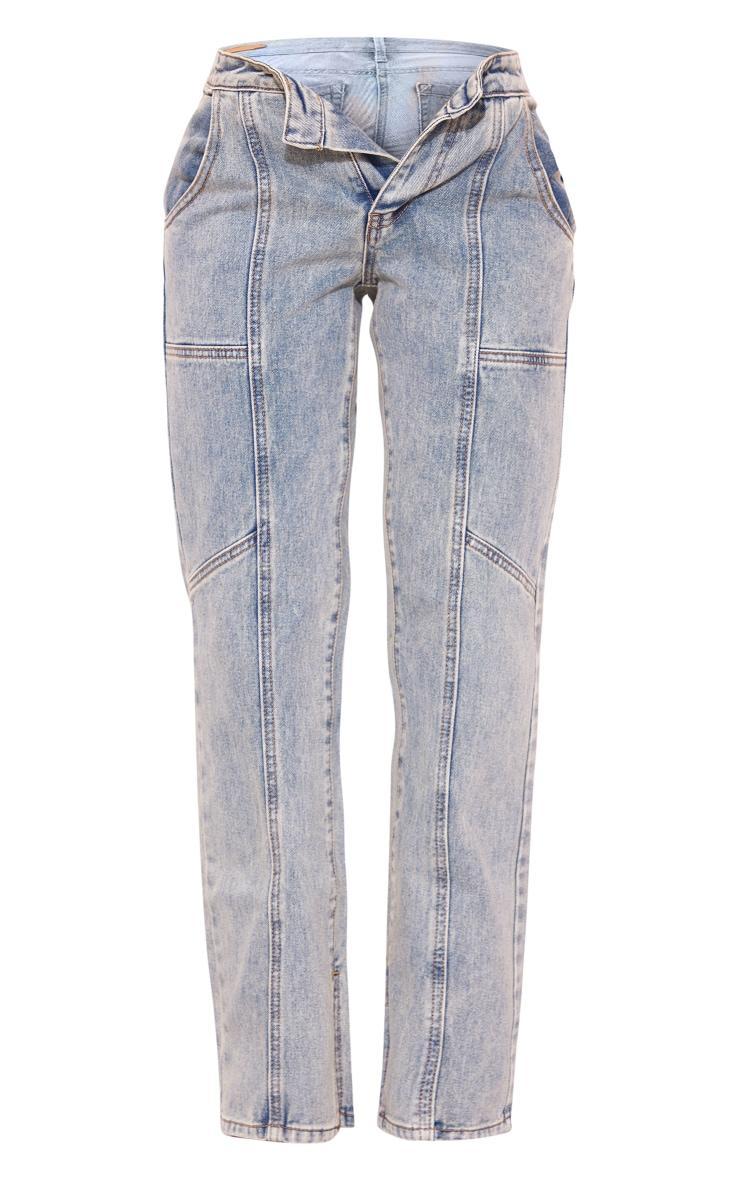 Petite Vintage Wash Seam Back Foldover Waistband Straight Leg Jeans Product Image
