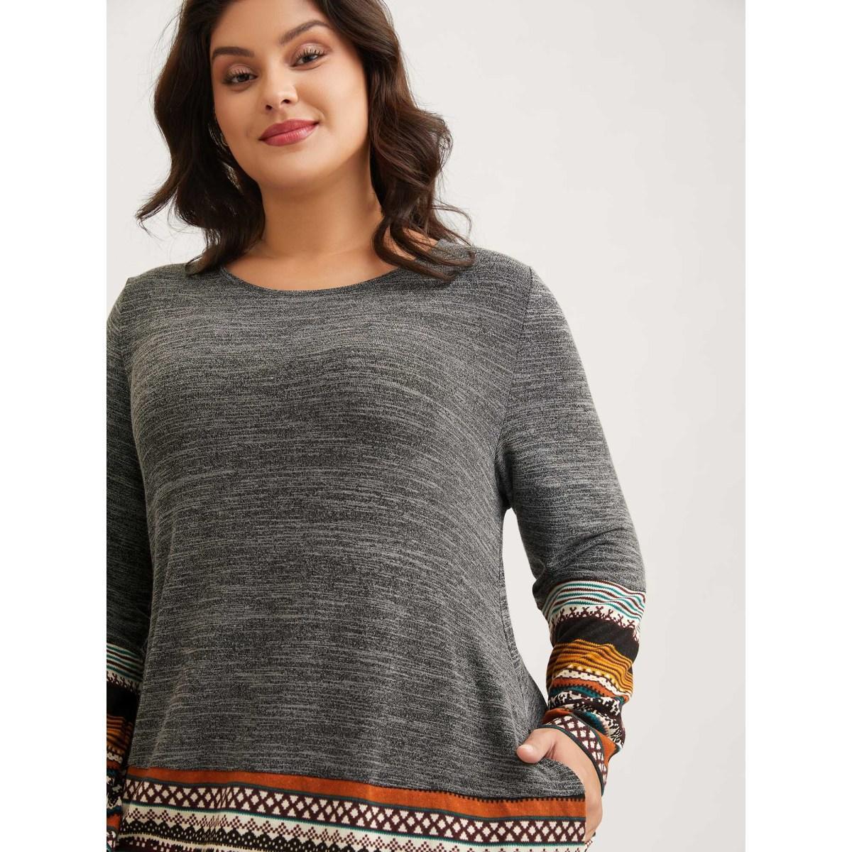 Plus Size Tunic Boho Print Pocket T-shirt DimGray Women Casual Contrast Round Neck Loose Everyday T-shirts BloomChic 22-24/3X Product Image