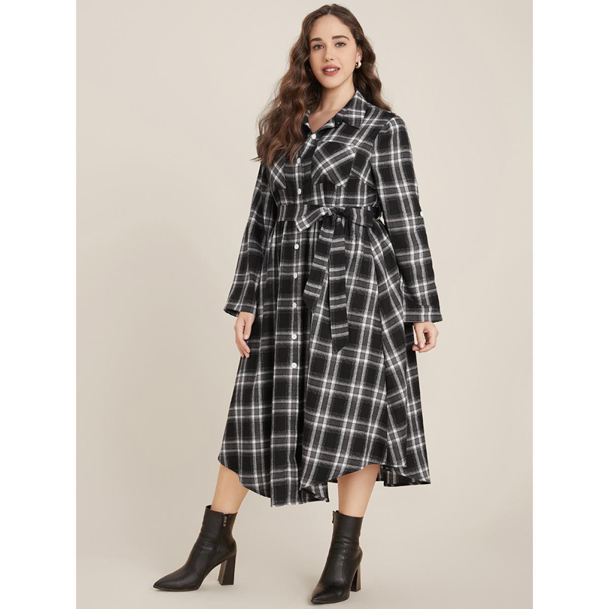 Plus Size Plaid Pocket Button Cuffed Sleeve Belted Arc Hem Dress Black Women Office Belted Shirt collar Long Sleeve Curvy Midi Dress BloomChic 26/4X Product Image