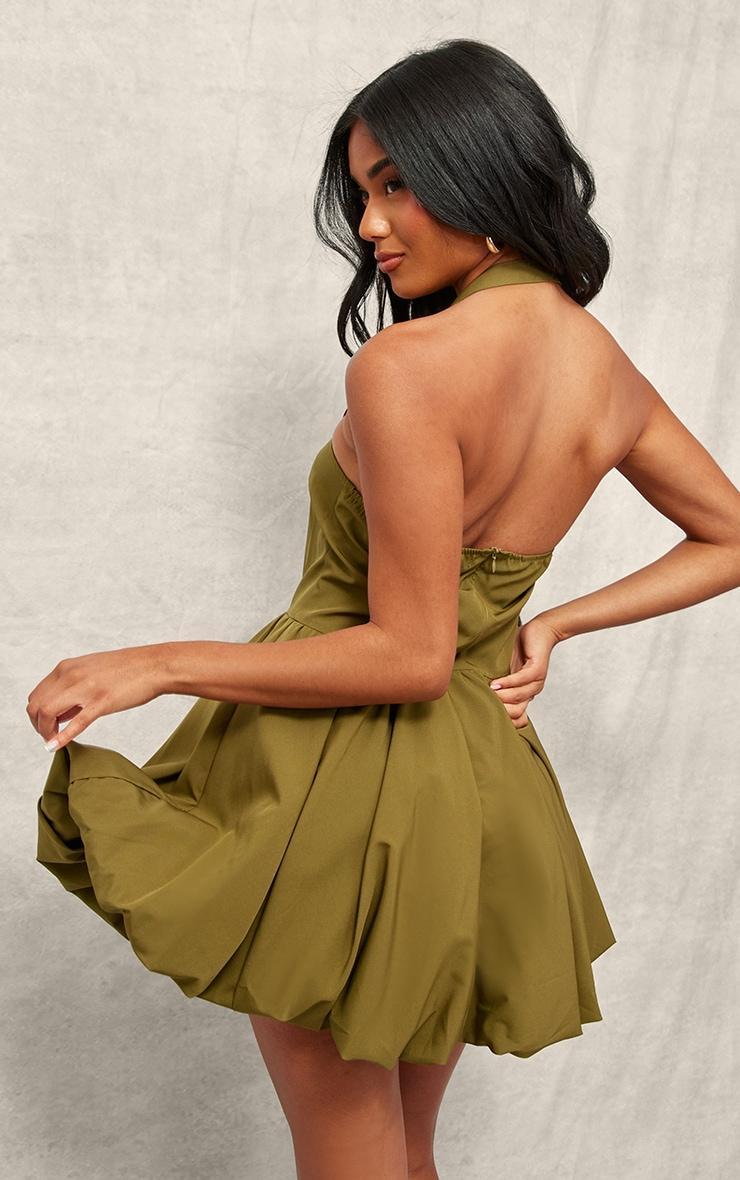 Khaki Buckle Detail Halterneck Puffball Mini Dress Product Image