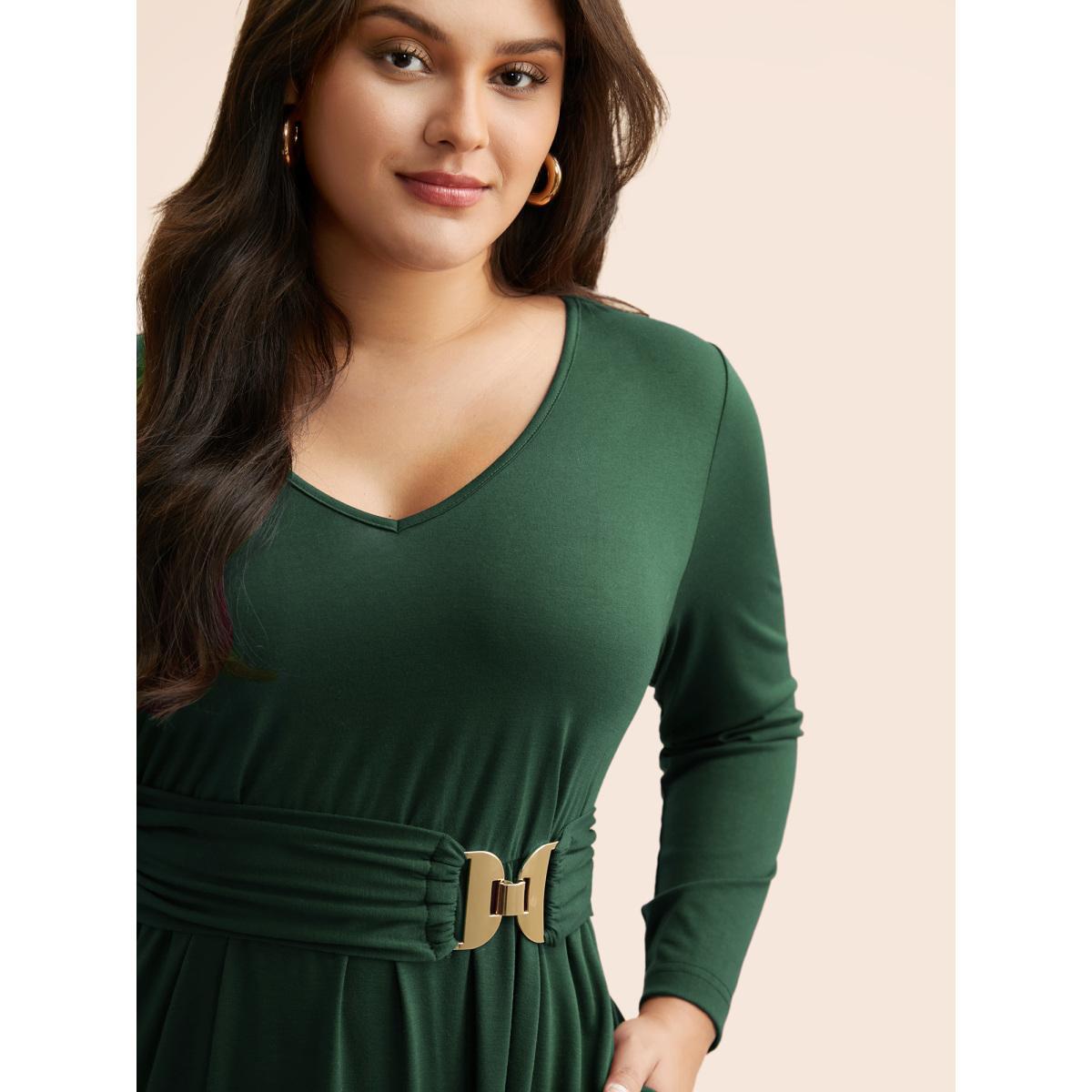 Plus Size Solid Metal Detail Midi Dress Deeppurplered Women Casual Belted V-neck Long Sleeve Curvy BloomChic 14-16/1X Product Image