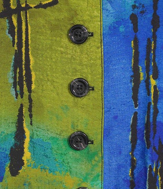 Ali Miles Petite Size Woven Color Block Print Point Collar 3/4 Sleeve Button Front Tunic Product Image