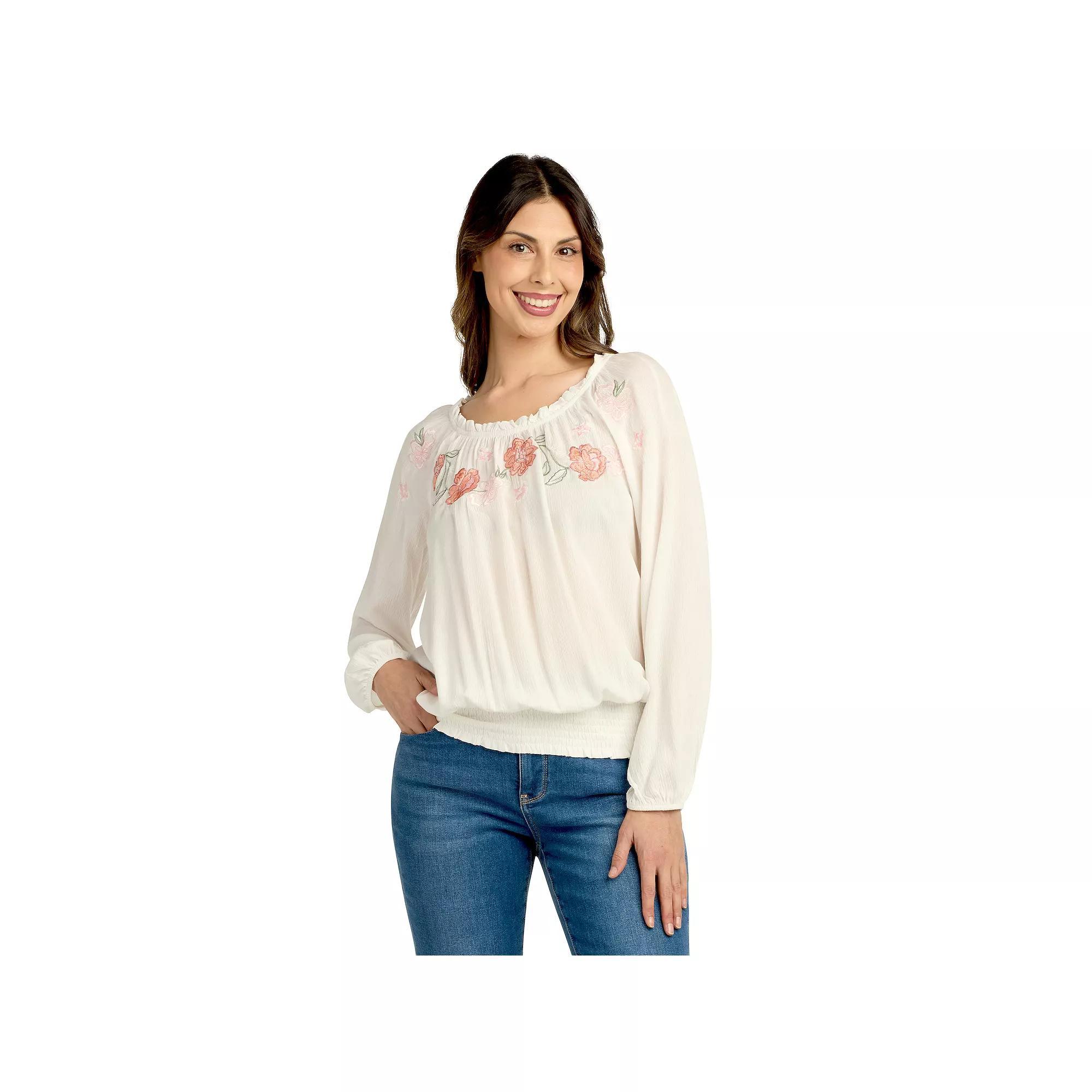 Womens AB Studio Ruffle Neck Elastic Hem Embroidery Top Product Image