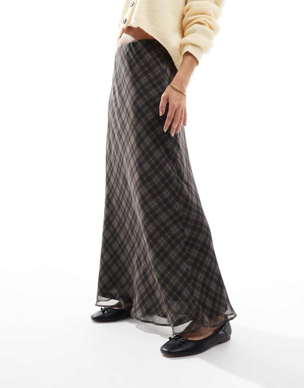ASOS DESIGN chiffon bias cut maxi skirt in plaid print Product Image