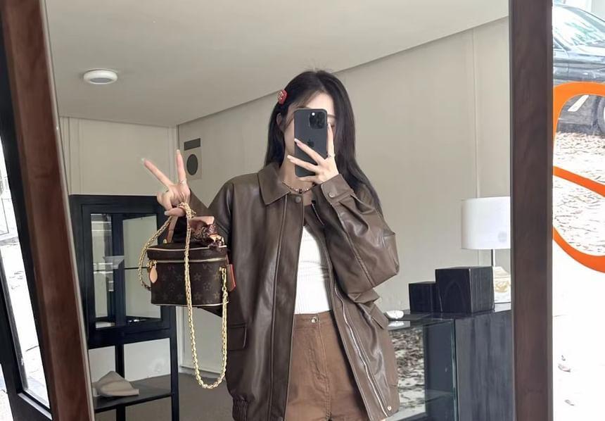 Faux Leather Button-Up Jacket Product Image