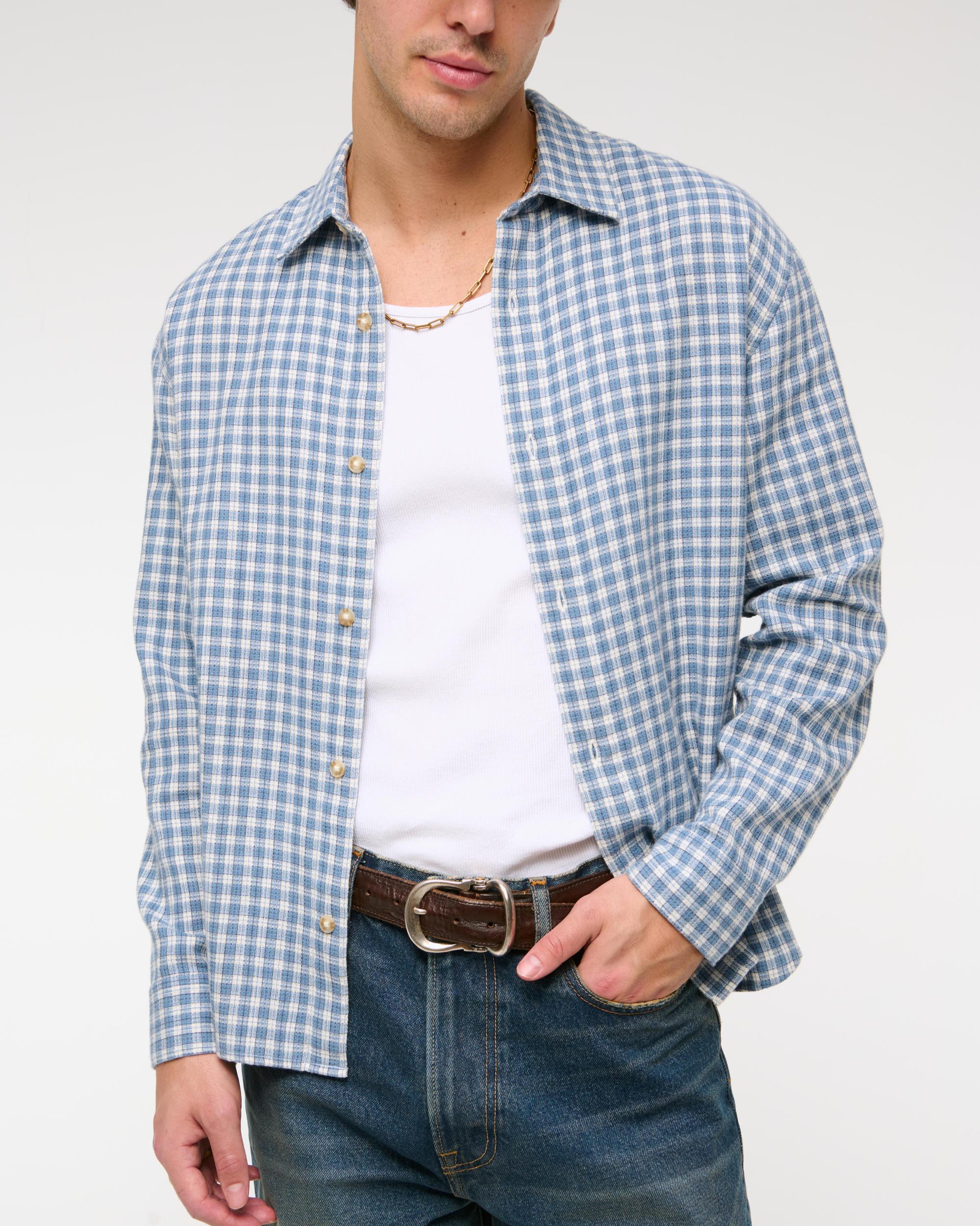 Long-Sleeve Textural Plaid Button-Up Shirt Product Image