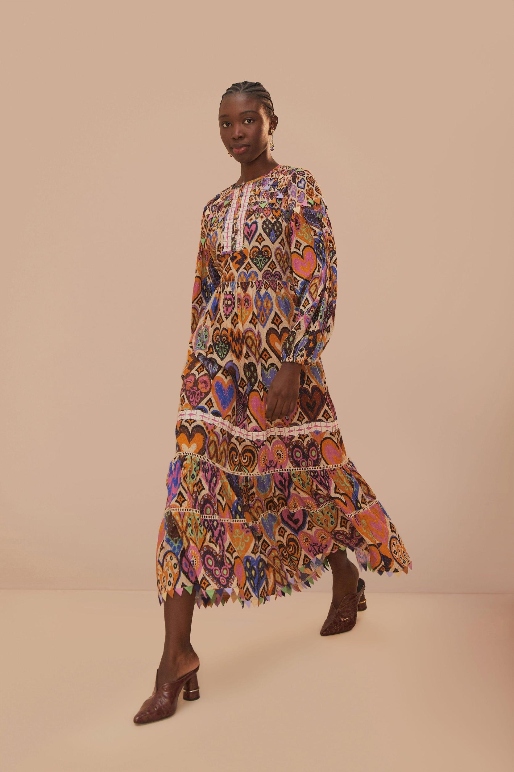 Cream Hearts Ikat Long Sleeve Maxi Dress, HEARTS IKAT CREAM / XS Product Image