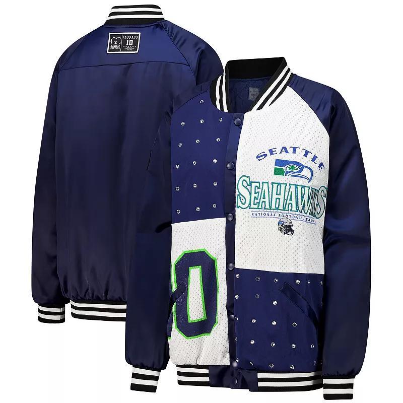 Women's Gameday Couture  College Navy/White Seattle Seahawks Oversized Hot Shot Rhinestone Throwback Full-Snap Varsity Bomber Jacket, Size: Small, Team Product Image