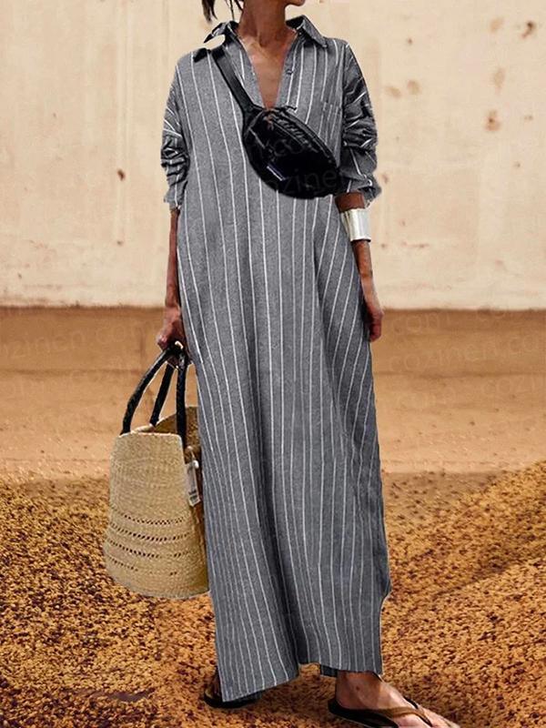 Long Sleeves Striped Lapel Maxi Dresses Product Image