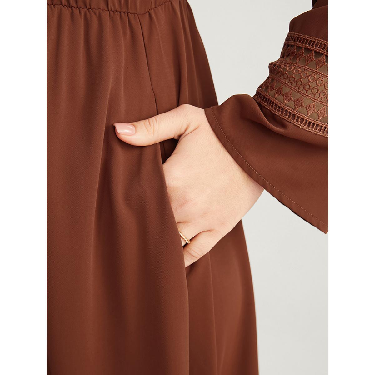 Plus Size Solid V Neck Pocket Contrast Lace Ruffle Hem Dress Russet Women Office Patchwork V-neck Long Sleeve Curvy Midi Dress BloomChic 14-16/1X Product Image