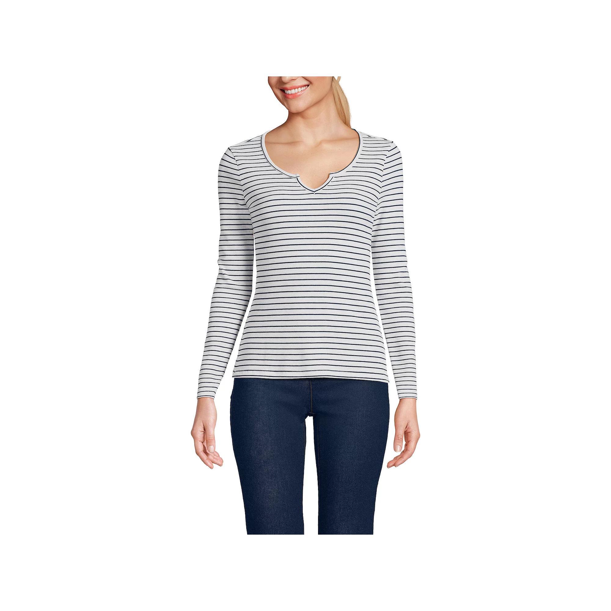 Women's Lands' End Waffle Notch Neck Top, Size: XS, Blue Breton Stripe Product Image