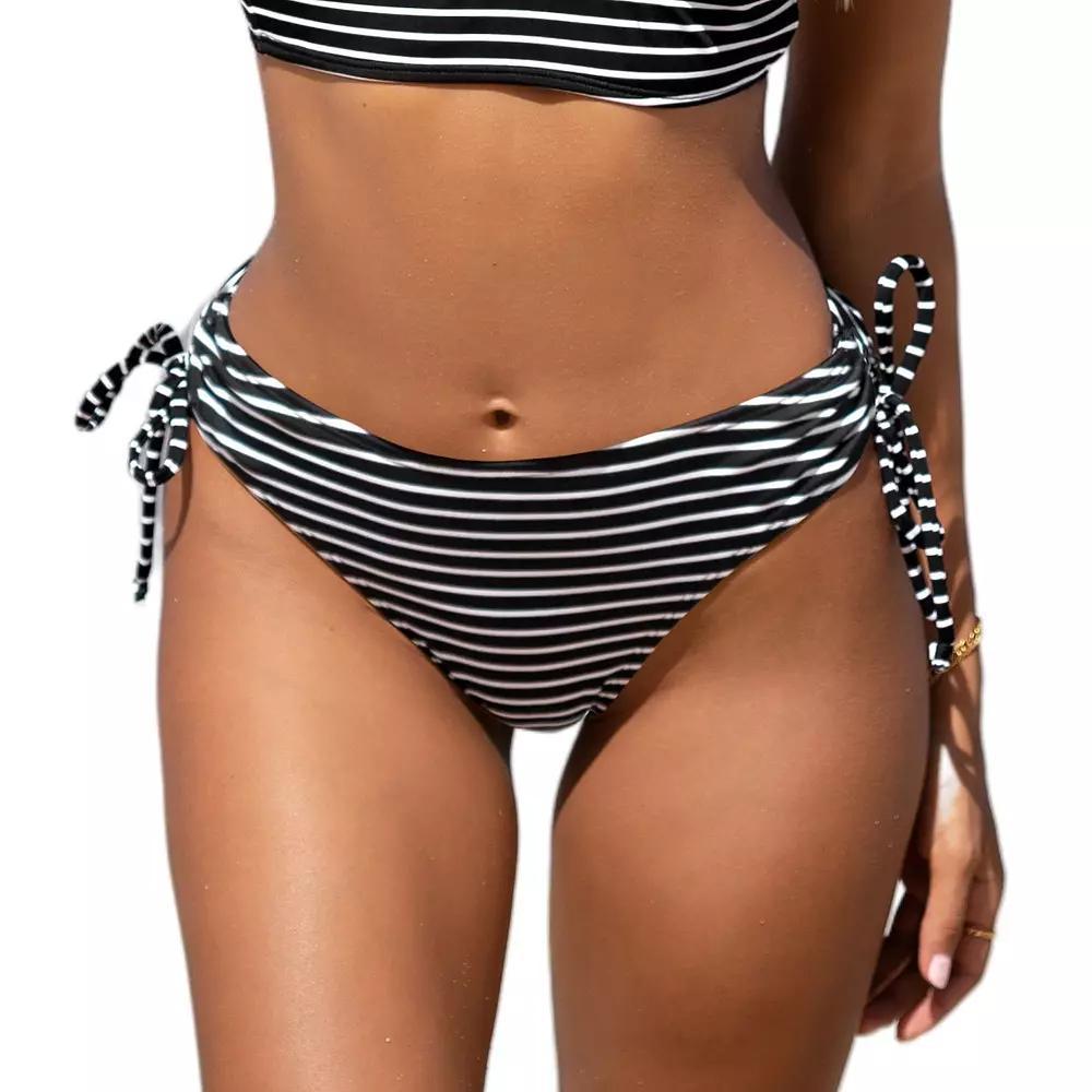 Women's Cupshe Striped Side Tie Shirred Hipster Bikini Bottoms, Size: Medium, Black Stripe Product Image