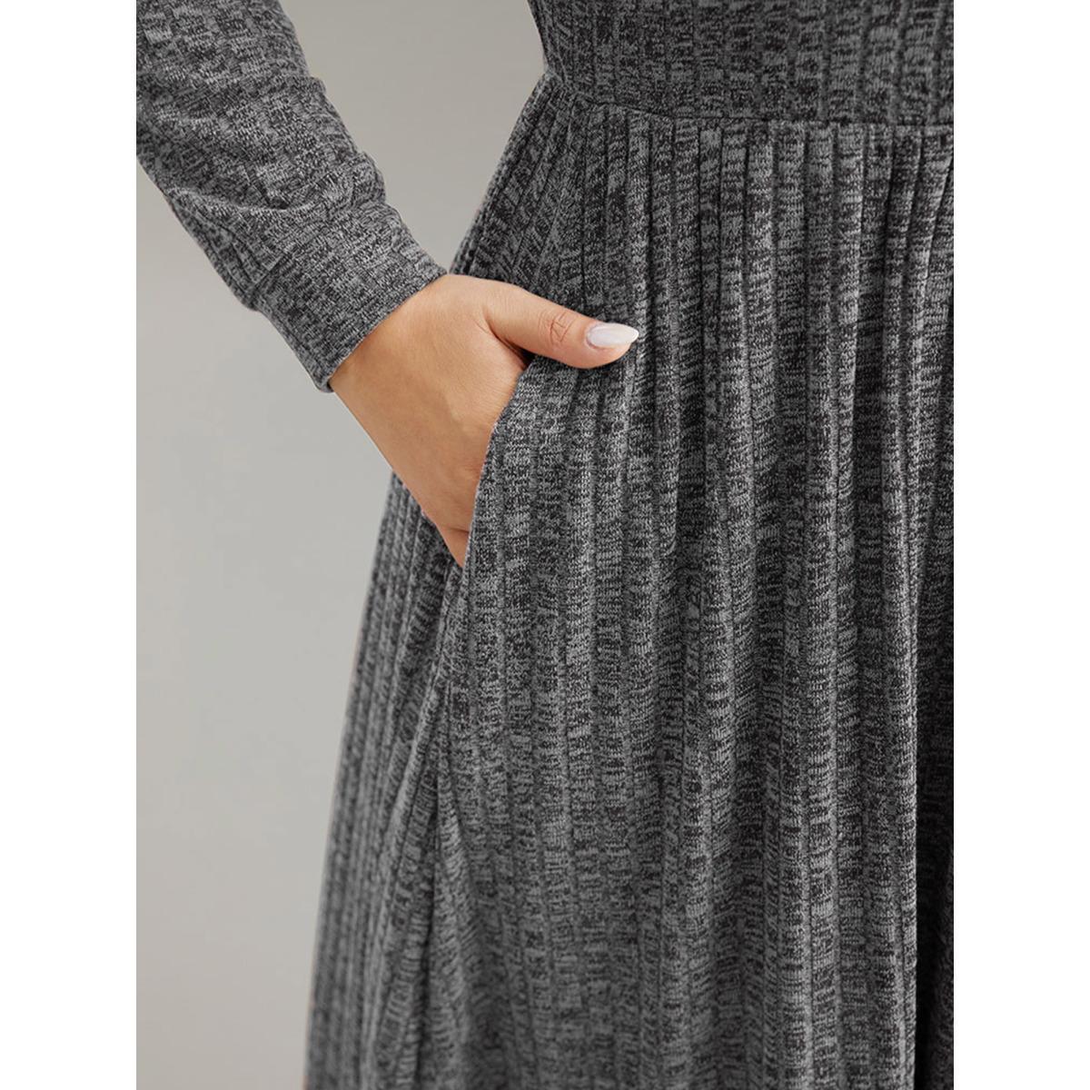 Plus Size Rib Knit Plain Plisse Long Sleeve Dress DarkGray Women Casual Rib Knit V-neck Long Sleeve Curvy Midi Dress BloomChic 14-16/1X Product Image