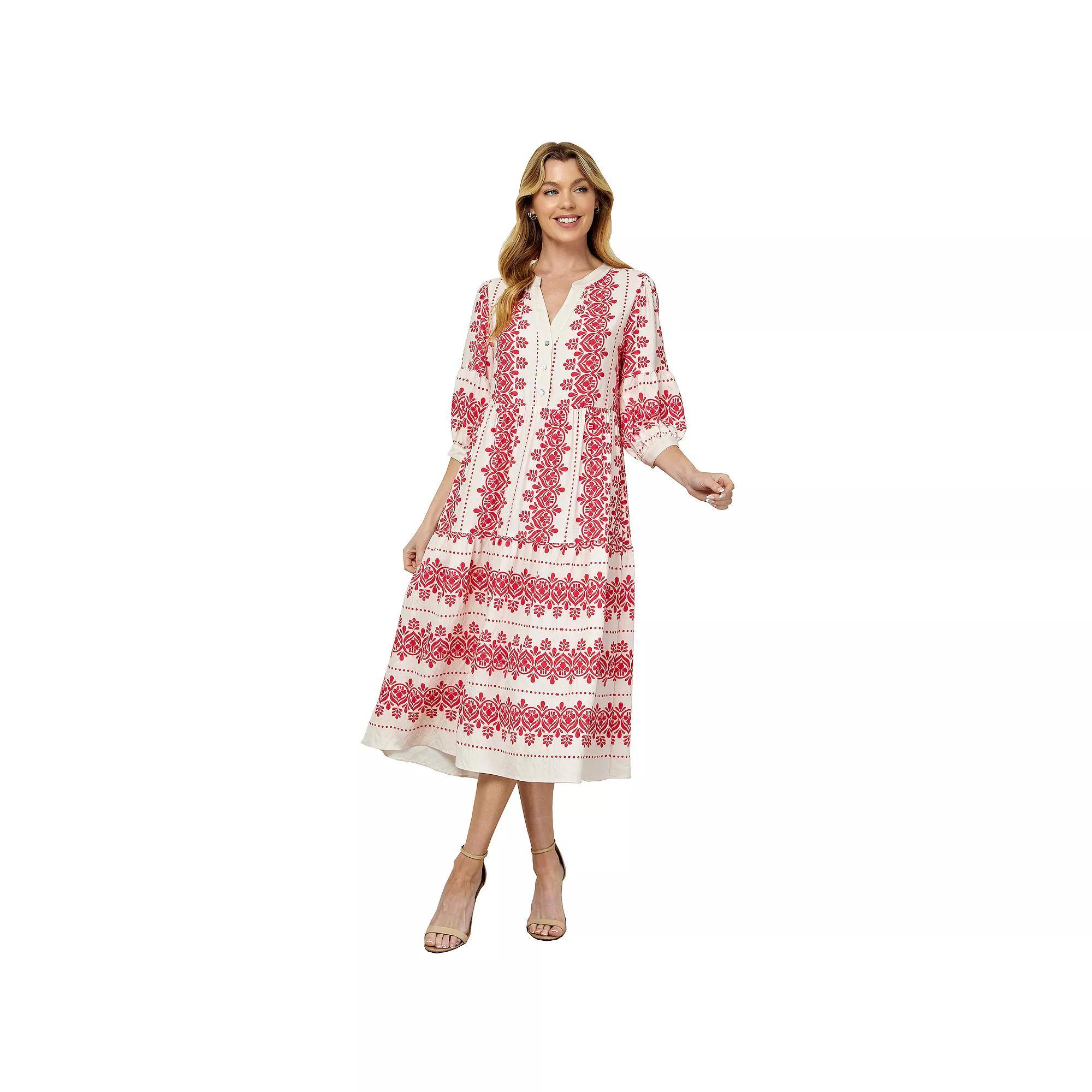 Women's Figueroa & Flower Long Sleeve V-Neck Midi Dress, Size: XL, Ivory Navy Product Image