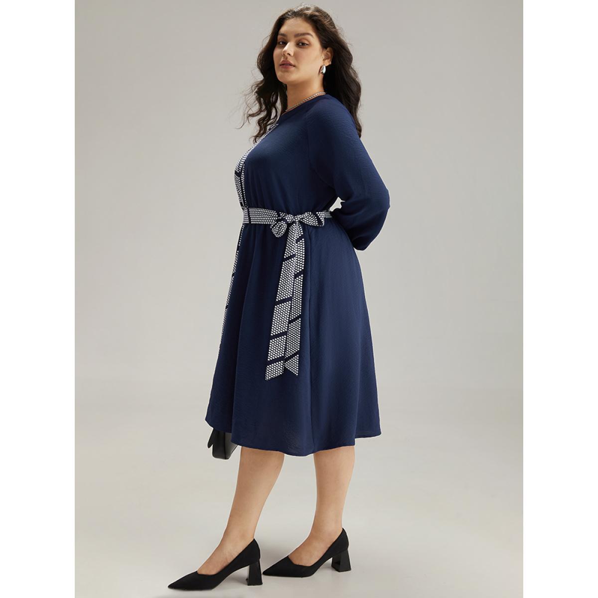 Plus Size Polka Dot Geometric Patchwork Belted Dress Navy Women At the Office Elastic cuffs Round Neck Long Sleeve Curvy Midi Dress BloomChic 12/L Product Image