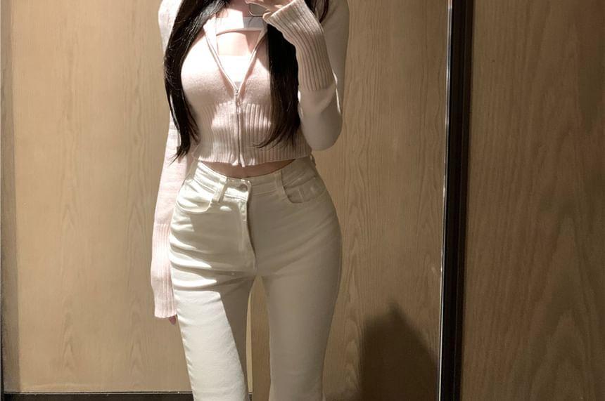 Plain Hood Crop Zip Cardigan / Square Neck Plain Cutout Padded Crop Tank Top Product Image