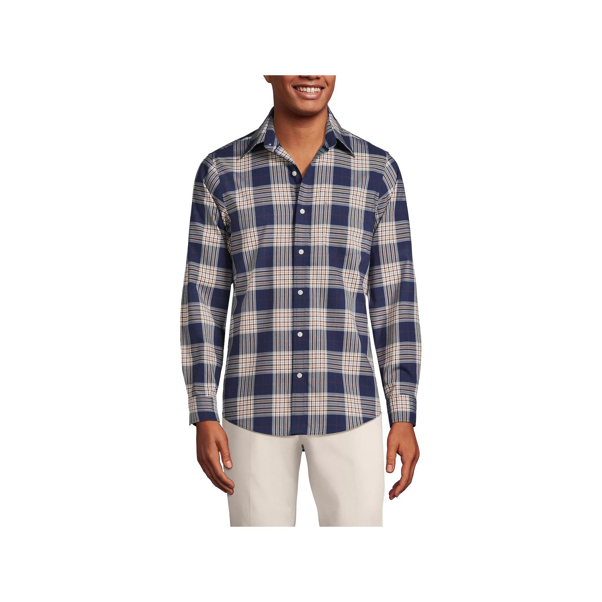 Big & Tall Lands' End Traditional-Fit No-Iron Twill Button-Down Shirt, Men's, Size: Large Tall, White Blue Plaid Product Image