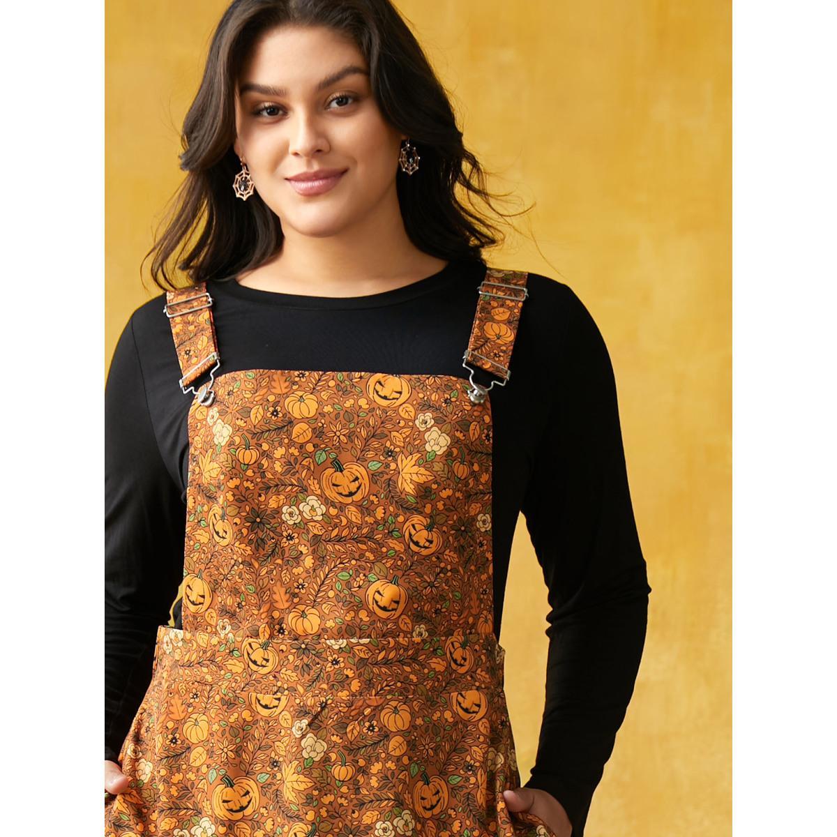 Plus Size Pumpkin Print Suspender Midi Dress Amber Women Casual Non Party Curvy Bloomchic 30/6X Product Image