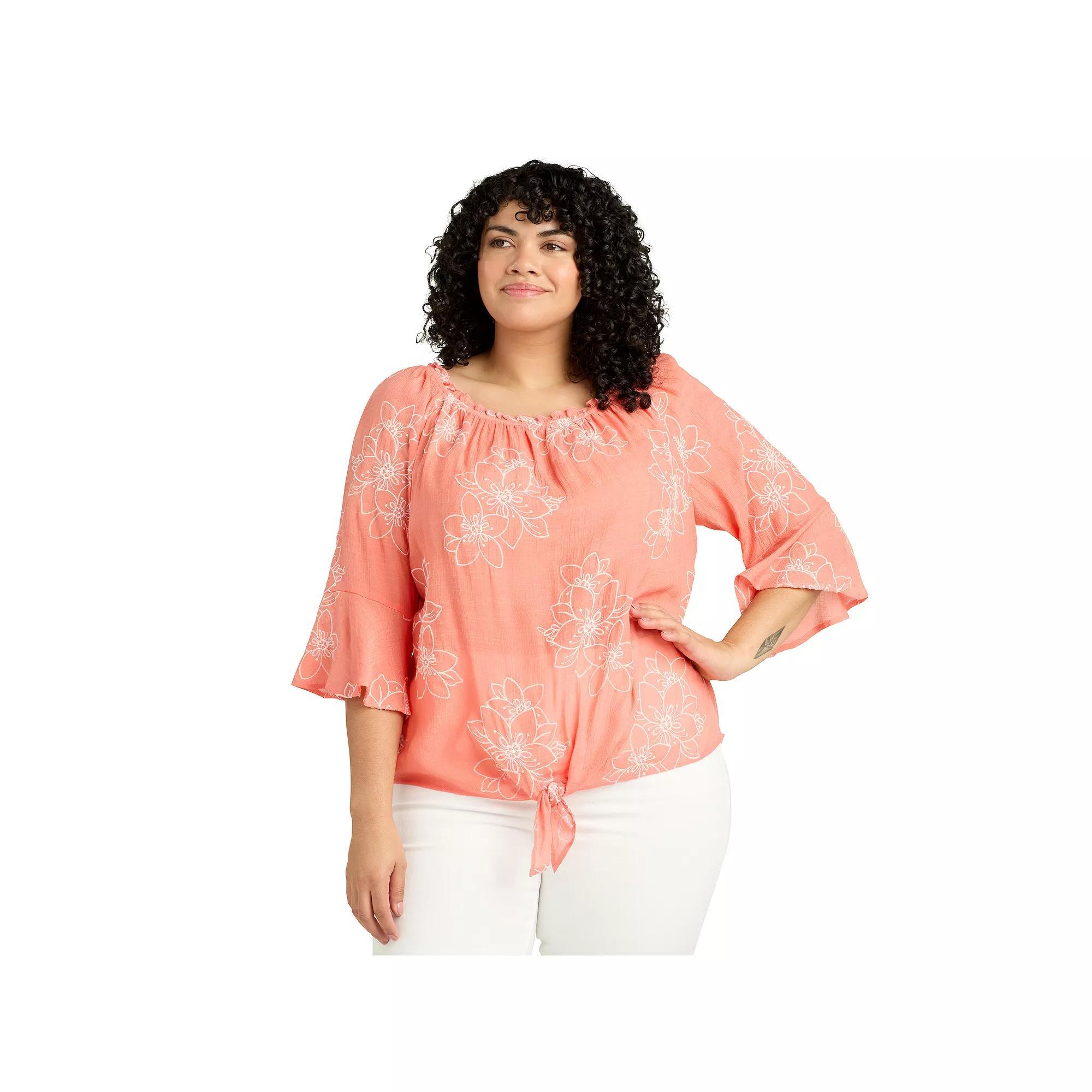 Plus Size AB Studio Off-The-Shoulder Bell Sleeve Top, Women's, Size: 2XL, Guava White Floral Product Image