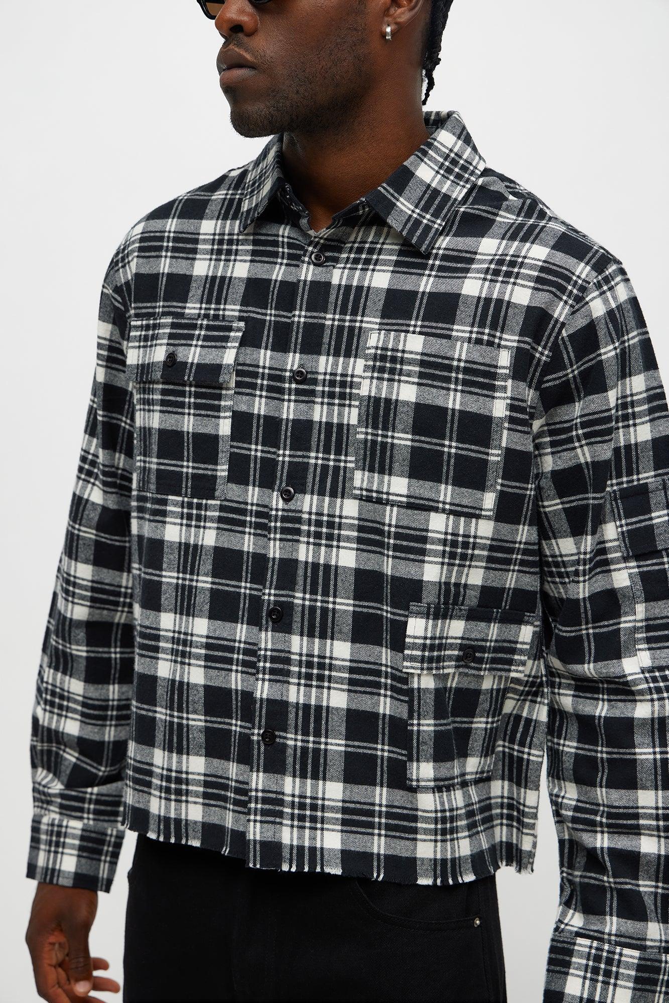 Cropped Cargo Pocket Flannel Button Up - Black Product Image