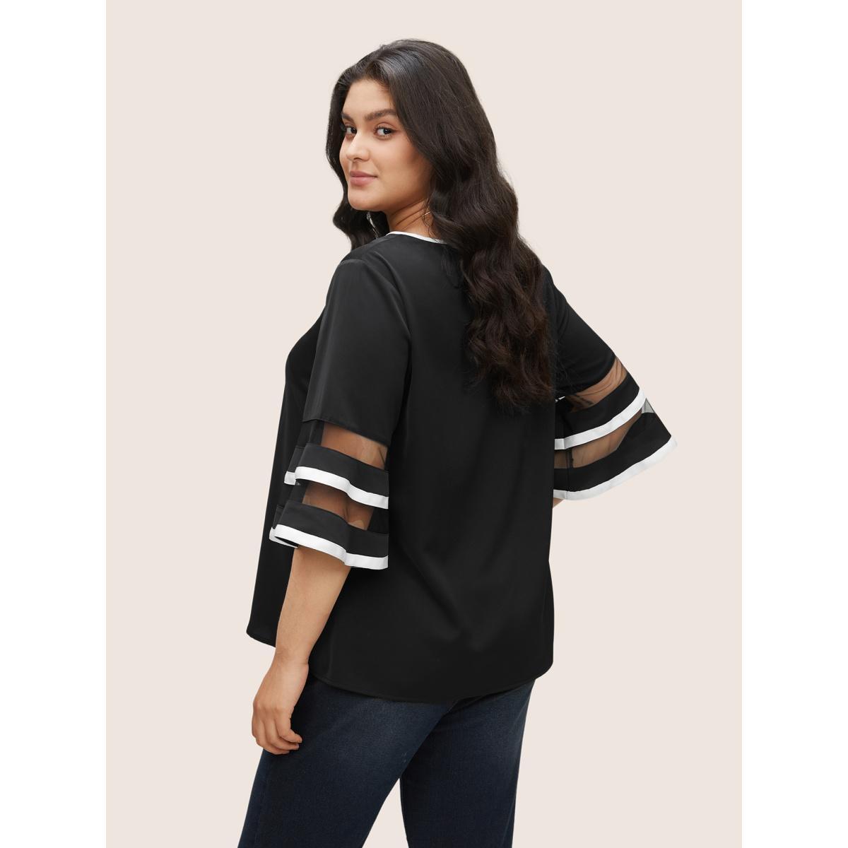 Plus Size Black Contrast Patchwork Mesh Bell Sleeve Blouse Women At the Office Elbow-length sleeve Round Neck Work Blouses BloomChic 22-24/3X Product Image