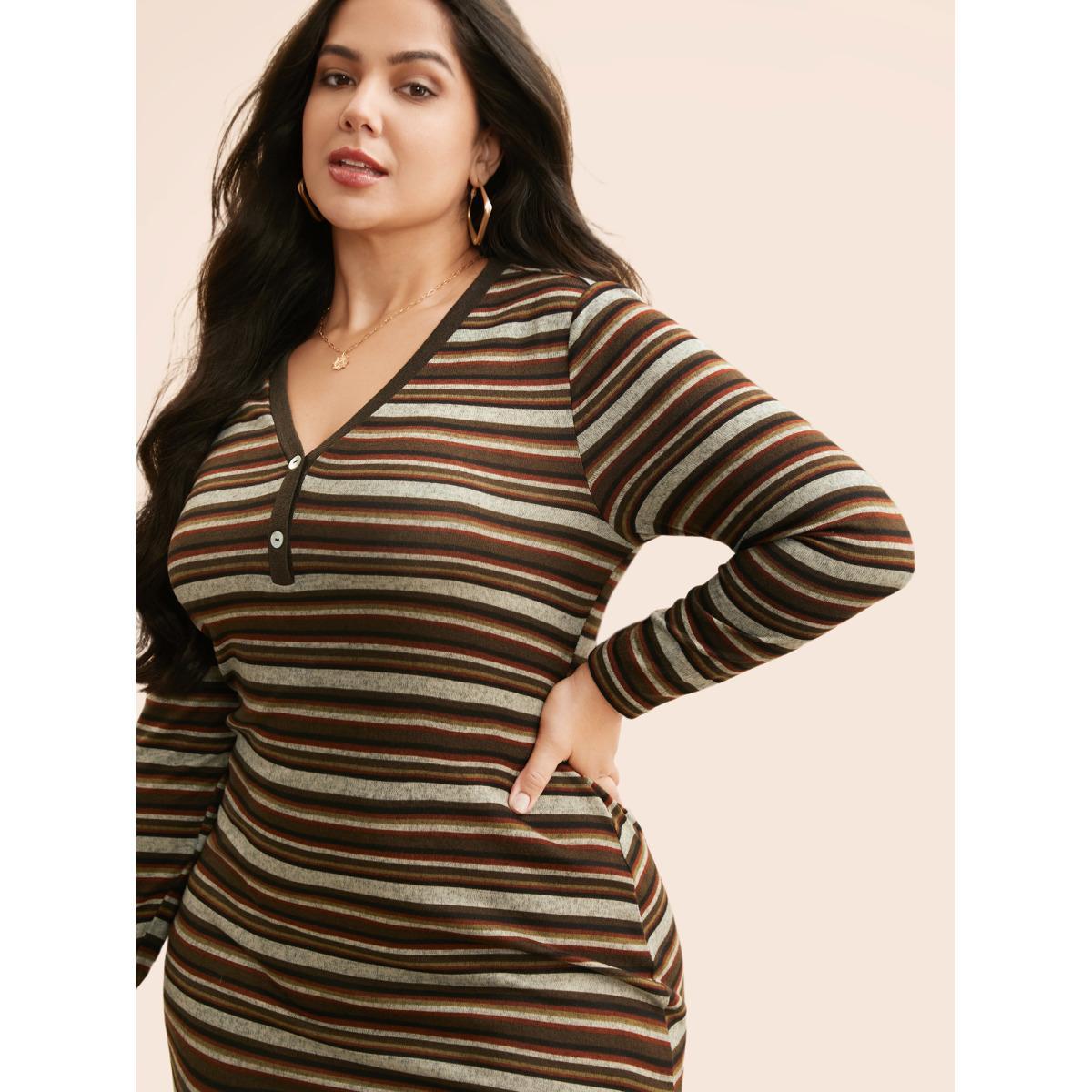 Plus Size Contrast Striped Split Hem Knit Dress Multicolor Women Casual Button Knit Dresses Bloomchic 18-20/2X Product Image