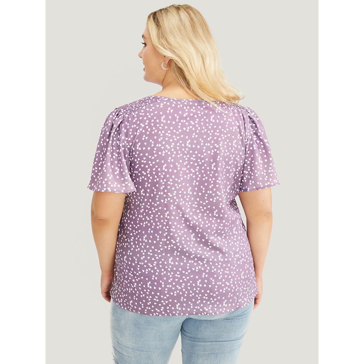 Plus Size Mauve Heart Print Ruffle Sleeve V Neck Blouse Women Elegant Short sleeve V-neck Dailywear Blouses BloomChic 18-20/2X Product Image