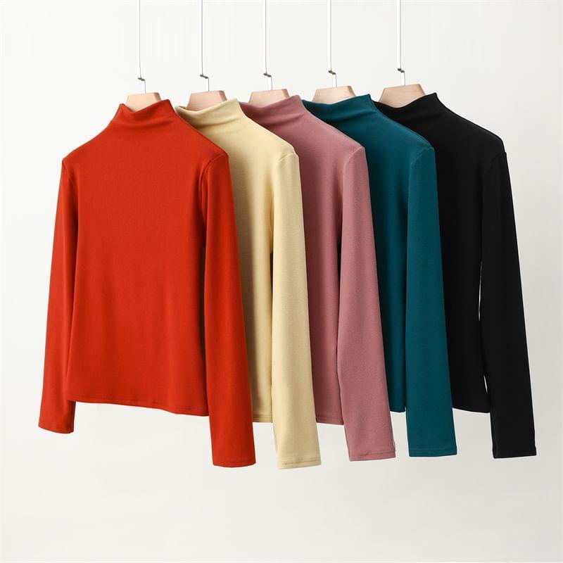 Long-Sleeve Mock Neck Plain Tee Product Image