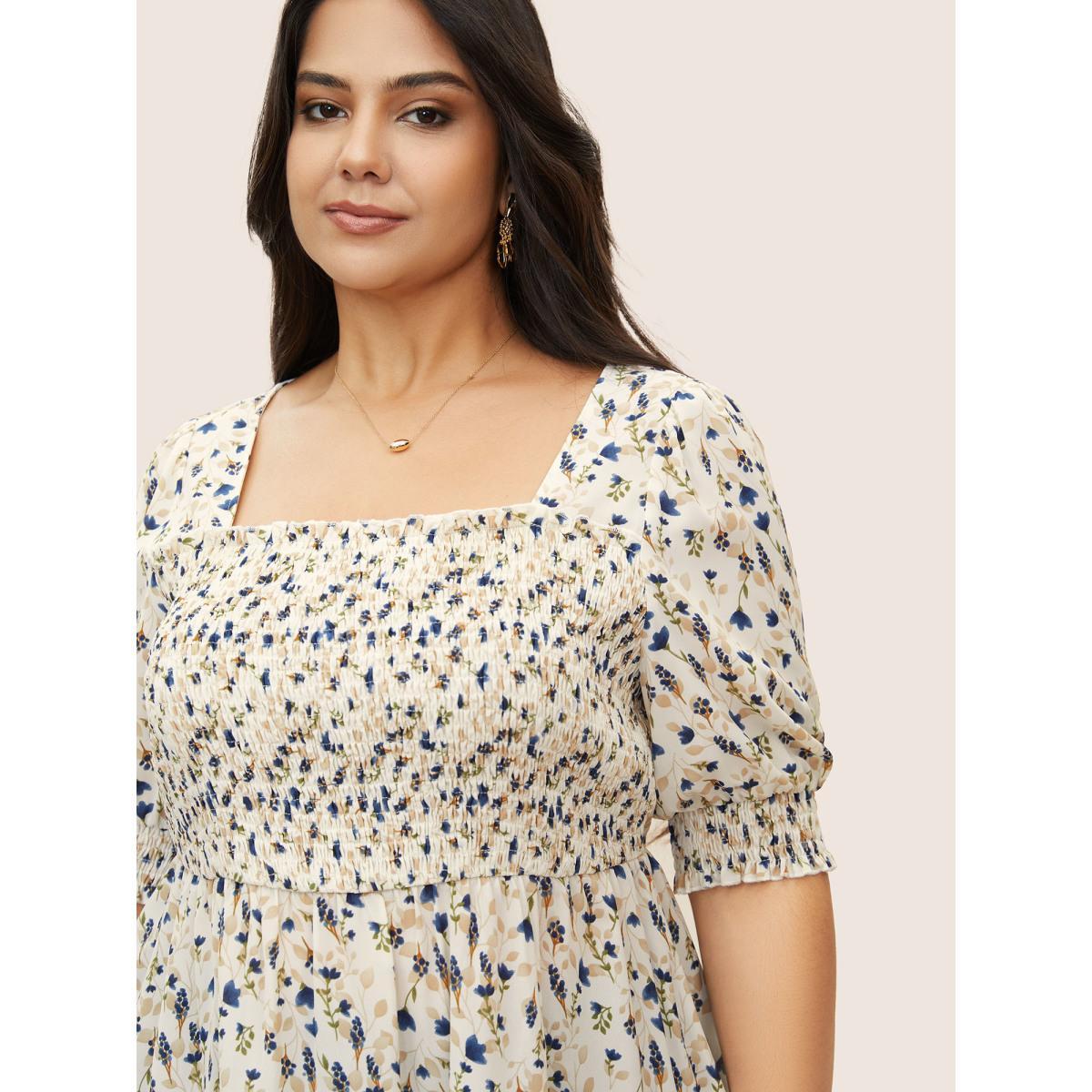 Plus Size Ivory Ditsy Floral Ruffles Shirred Puff Sleeve Blouse Women Elegant Half Sleeve Square Neck Everyday Blouses BloomChic 22-24/3X Product Image