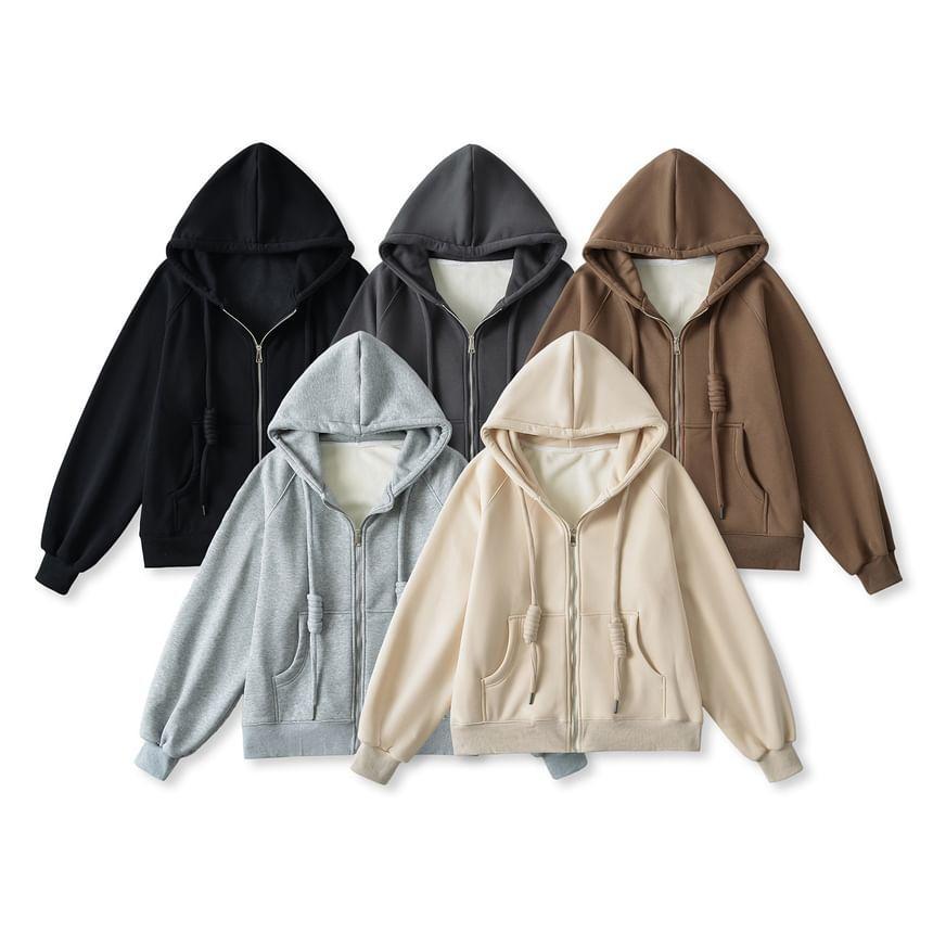Drawstring Plain Zip Up Hoodie Product Image