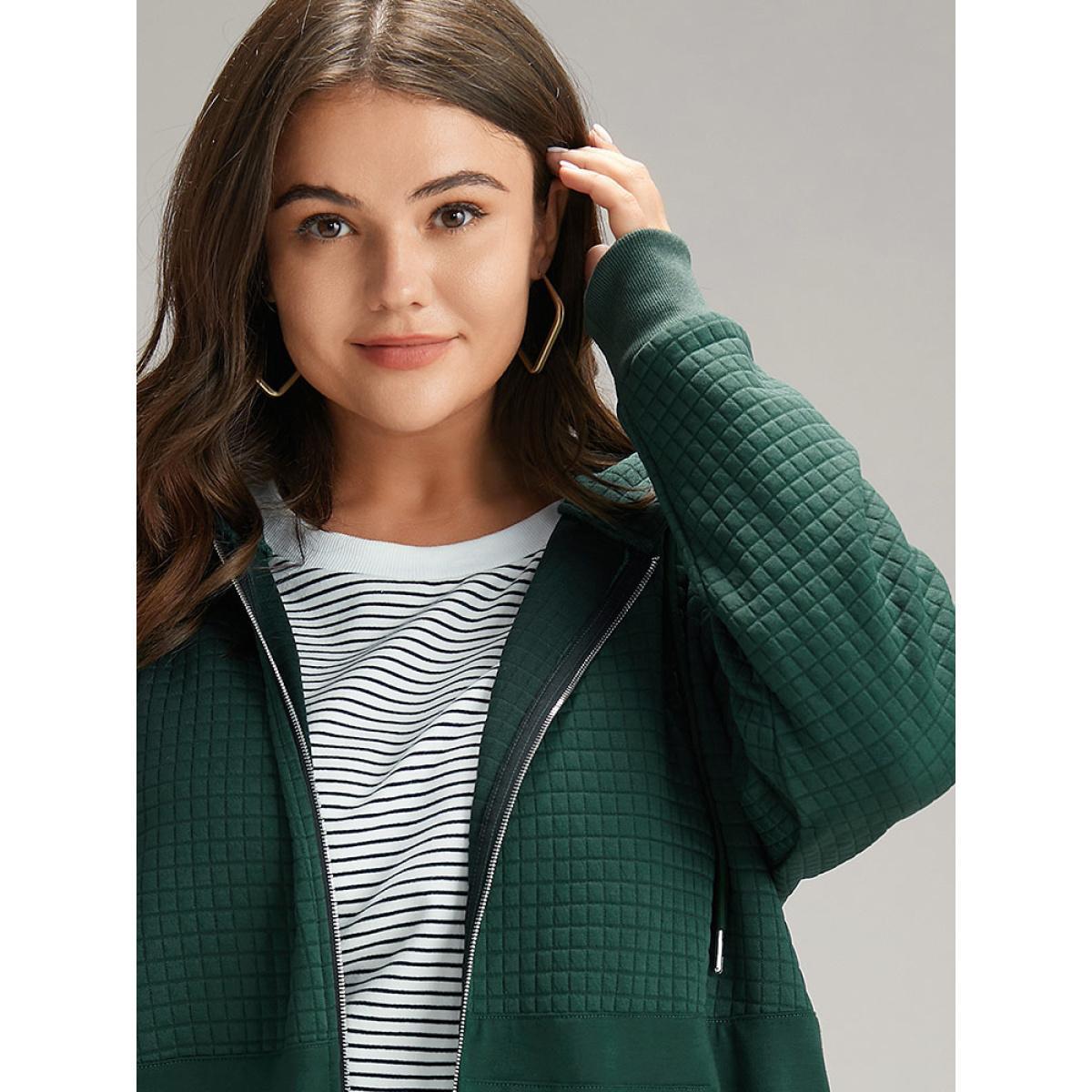 Plus Size Plain Texture Pocket Zipper, Sweatshirt Women DarkGreen Casual Elastic cuffs Hooded Dailywear Sweatshirts BloomChic 18-20/2X Product Image