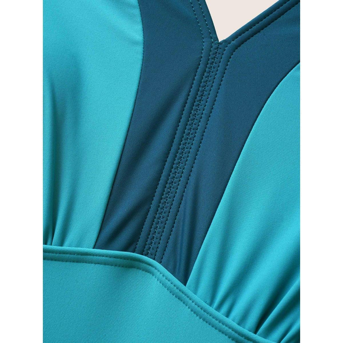 Plus Size V Neck Patchwork Contrast Gathered Swim Dress Women's Swimwear Emerald Beach Bodycon V-neck High stretch Curve Swim Dresses BloomChic 18-20/2X Product Image
