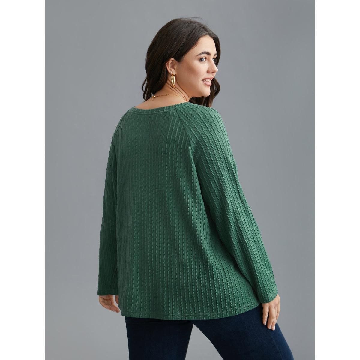 Plus Size Textured Elastic Raglan Sleeves T-shirt Emerald Women Casual Texture Round Neck Everyday T-shirts BloomChic 12/L Product Image