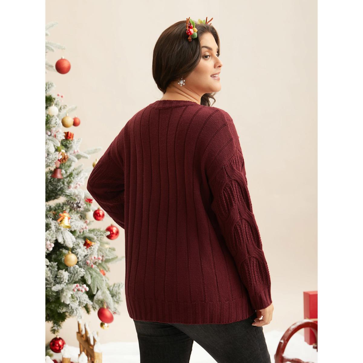 Plus Size Tis The Season Motifs Cable Knit Pullover Scarlet Women Casual Loose Long Sleeve Round Neck Everyday Pullovers BloomChic 14-16/1X Product Image