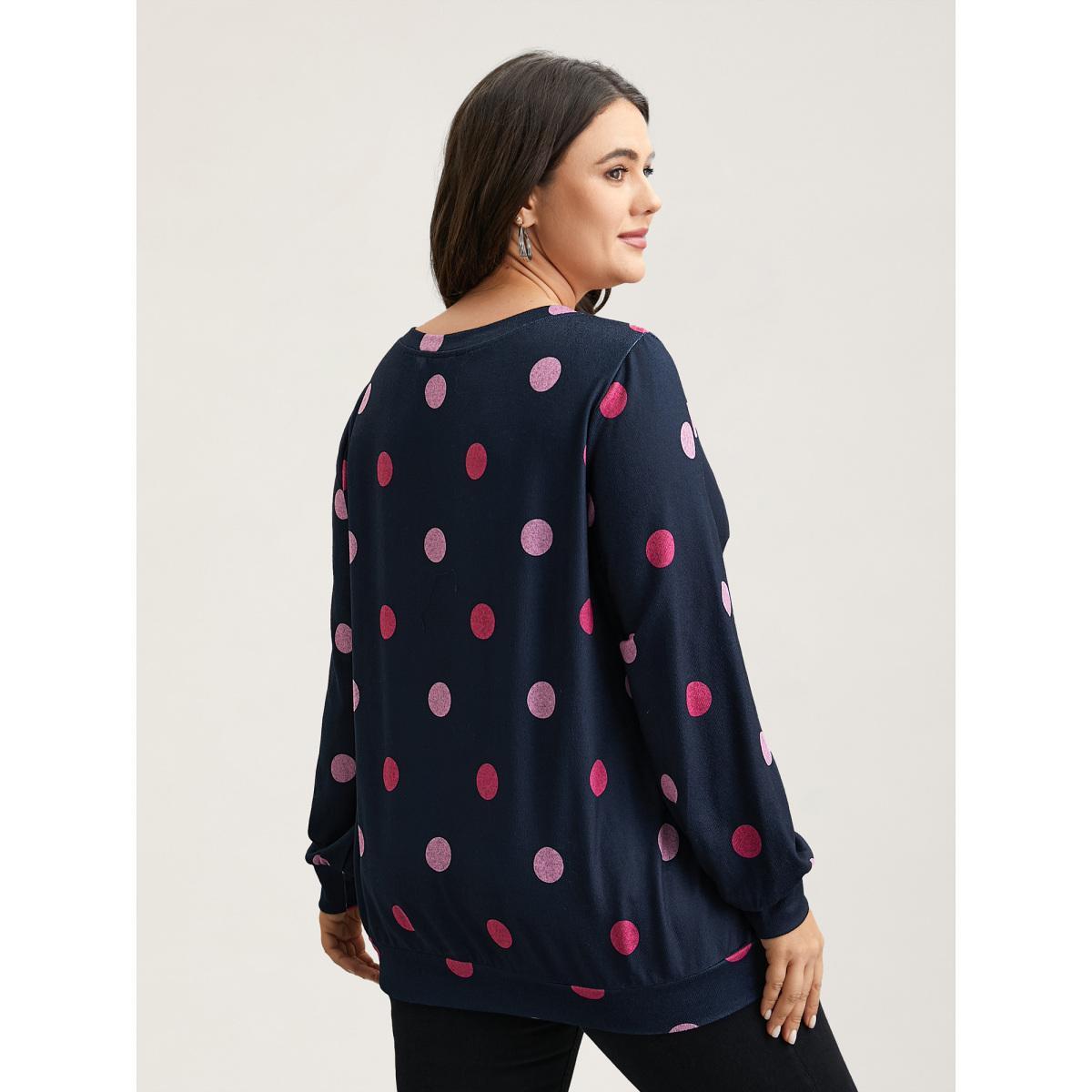 Plus Size Polka Dots Round Neck Fitted Sweatshirt Women Midnight Casual Contrast Round Neck Everyday Sweatshirts BloomChic 18-20/2X Product Image